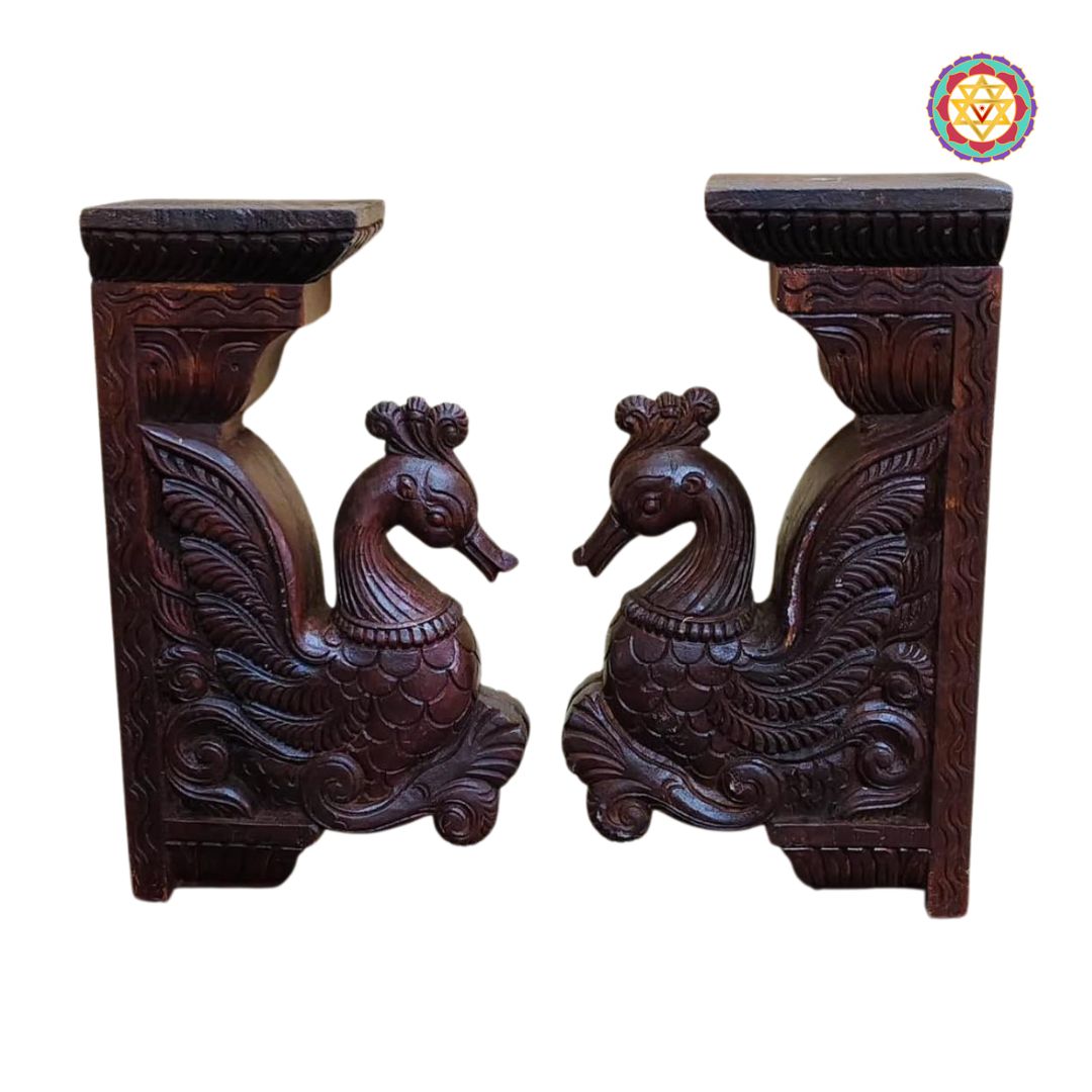 Pair of decorative wooden Annam wall brackets mounted on wall