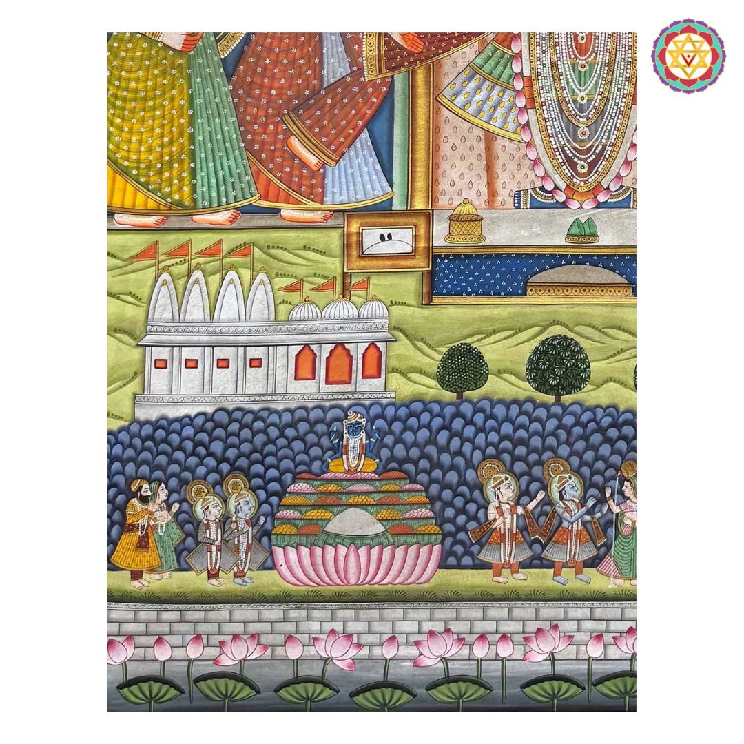 detailed view of shrinathji floral border and divine symbols
