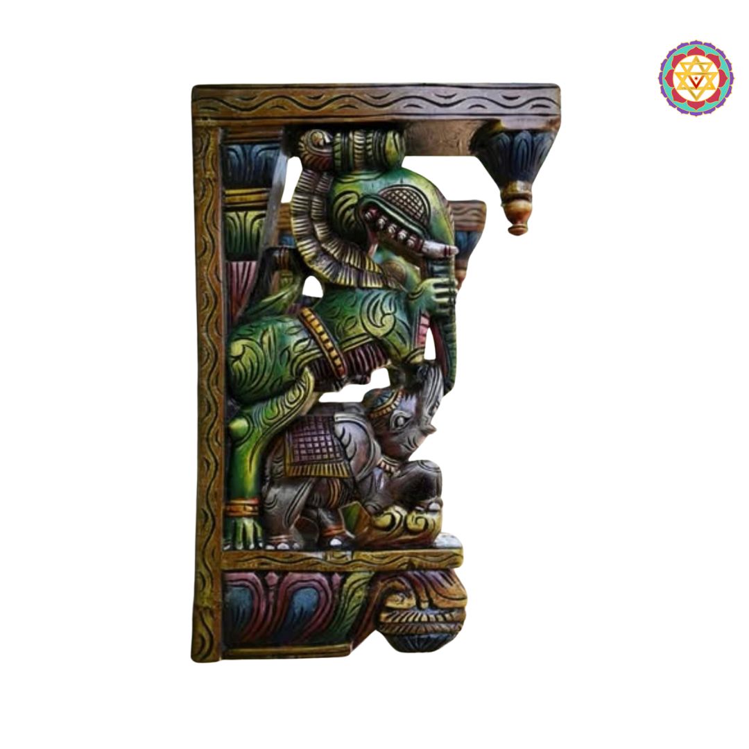 Detailed close-up of Yali motif on wooden wall bracket