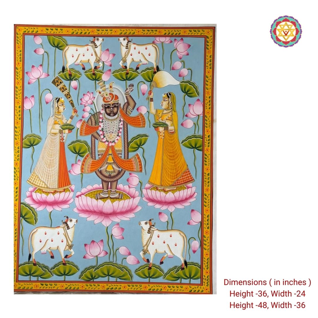 Handpainted Pichwai – Shrinathji with Gopikas & Cows in Lotus Pond