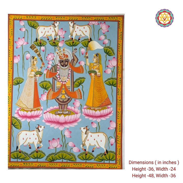 Handpainted Pichwai – Shrinathji with Gopikas & Cows in Lotus Pond