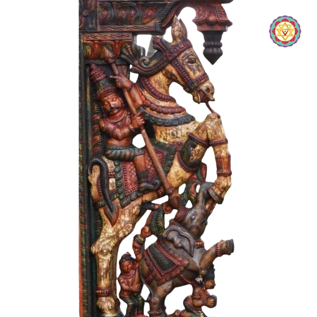 Woodcarved Large Size Architectural design Wall brackets with Horse Rider ,Yalis & Elephants (Pair))