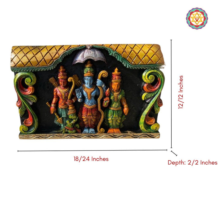 Size view of multicolour Ramayana-themed wooden wall mount

