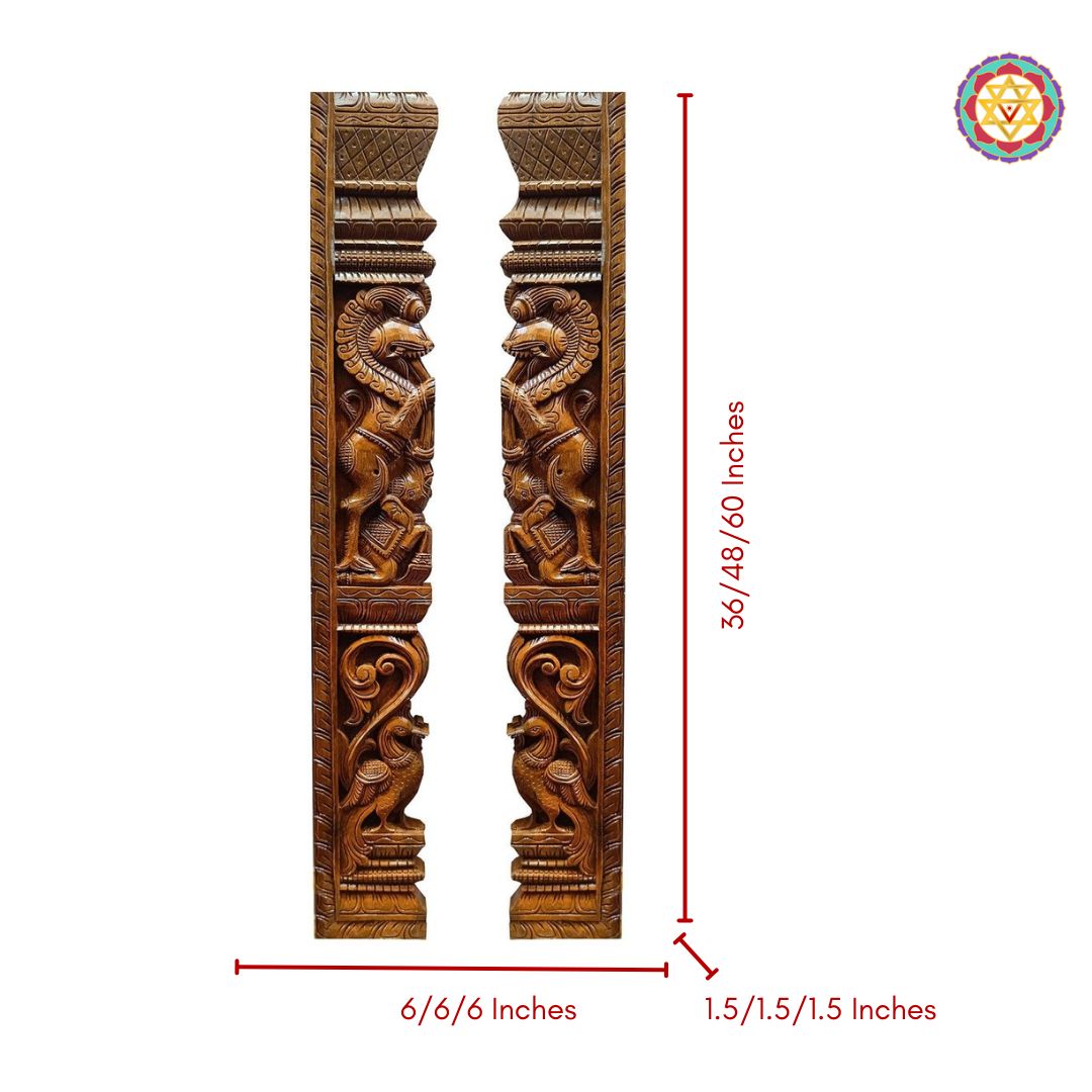 Carved wooden panel with measurements on a white background. Dimension image of 48-inch Yali peacock panel pair.