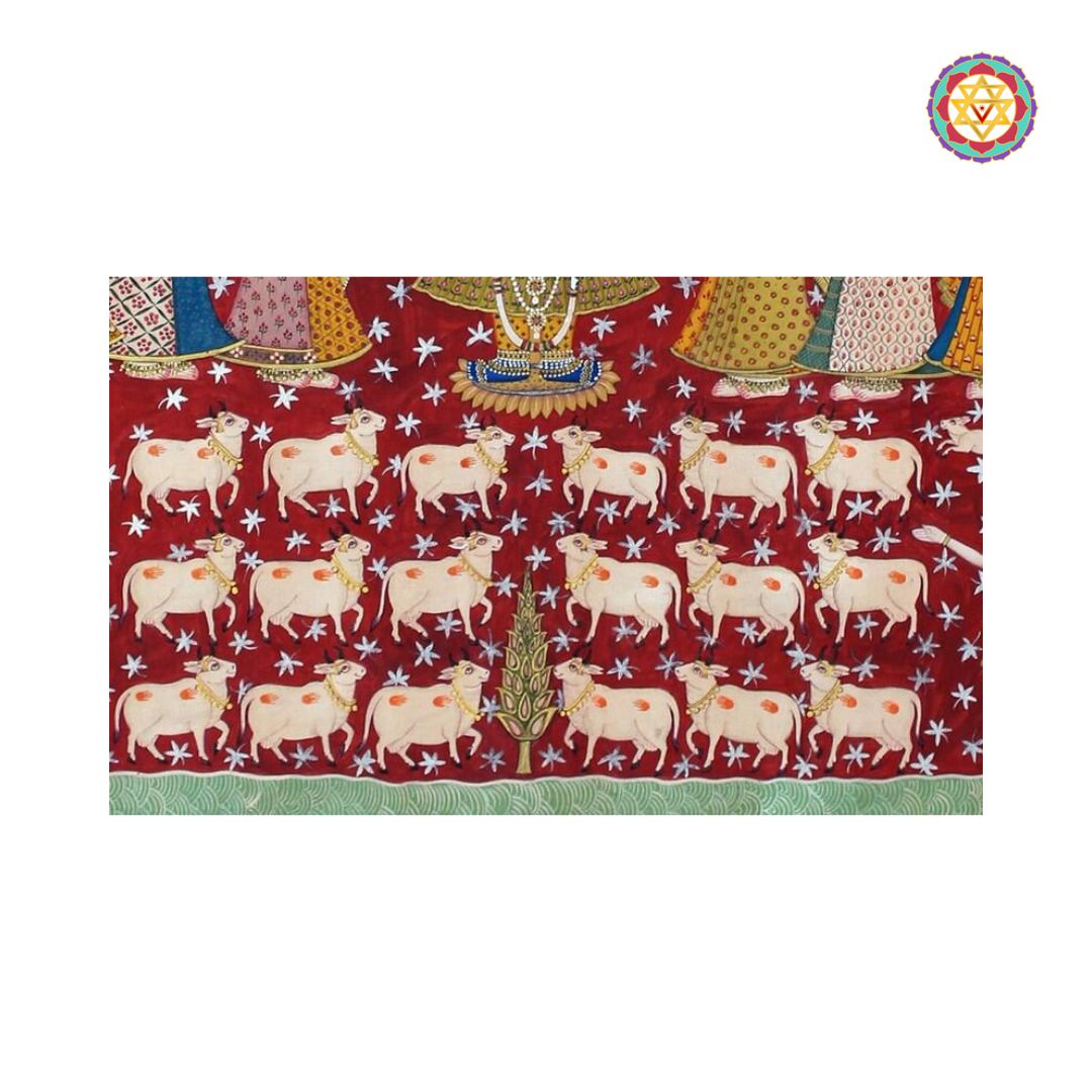 Hand Painted Shrinathji Pichwai Painting with Gopikas, Cows & Tree – Vintage Pichwai Artwork