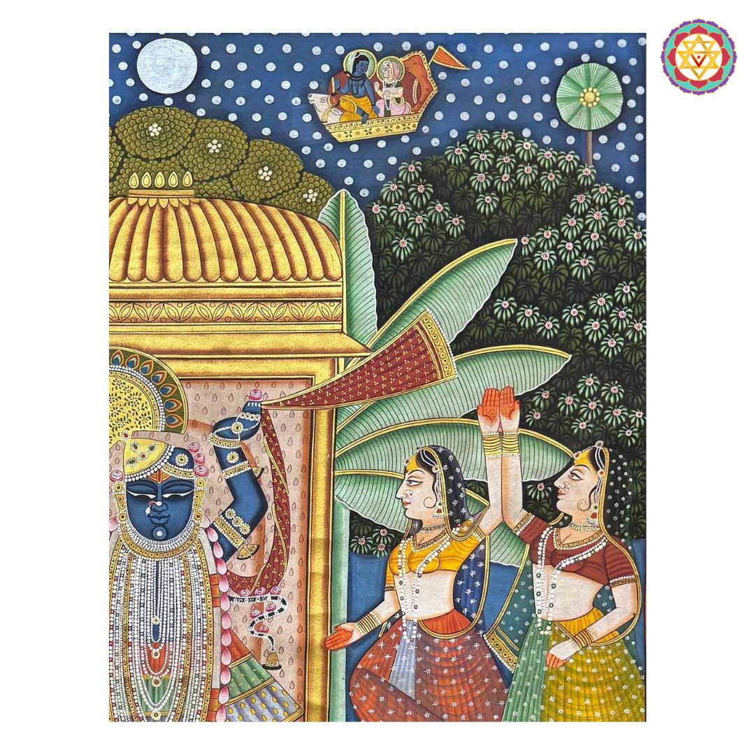 angled shot showing shrinathji and gopikas in sharad setting