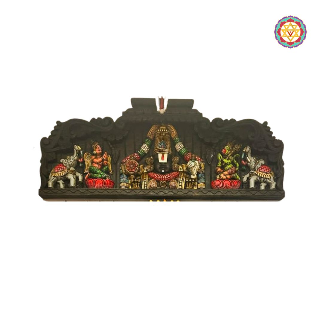 Decorative wall panel with figurines and intricate designs on a white background - Full-length shot of temple-style wooden decor panel