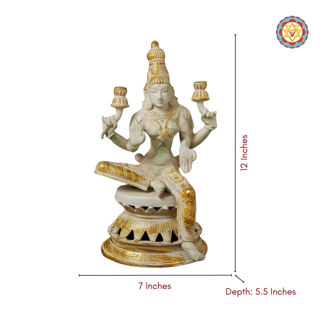 Brass Lakshmi Statue – Elegance in White &amp; Gold (12”)