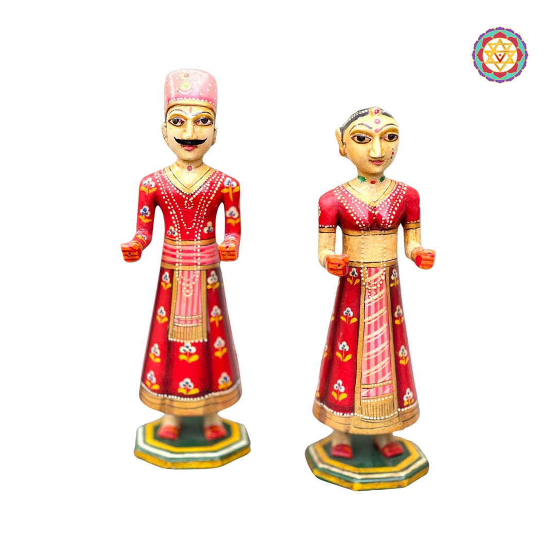 Pair Of wooden Painted Isar Gangaur dolls.Handpainted traditional style decorative dolls.