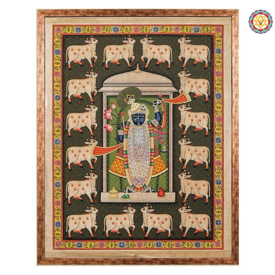 Traditional shreenathji pichwai painting of rajasthan featuring sacred cows and temple design – ideal pichwai wall art for spiritual spaces.