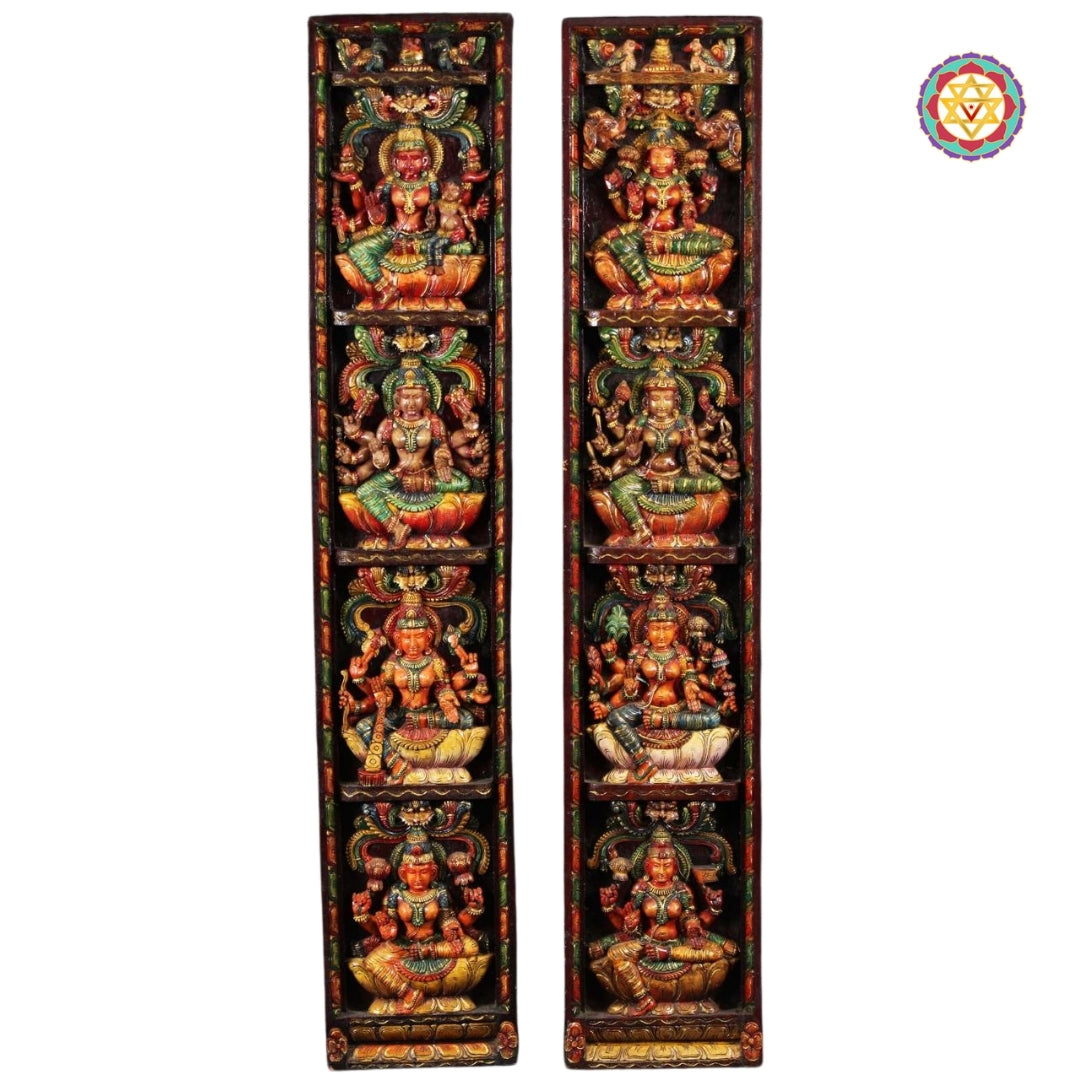 Vertical multicolour Ashtalakshmi wooden wall panel pair

