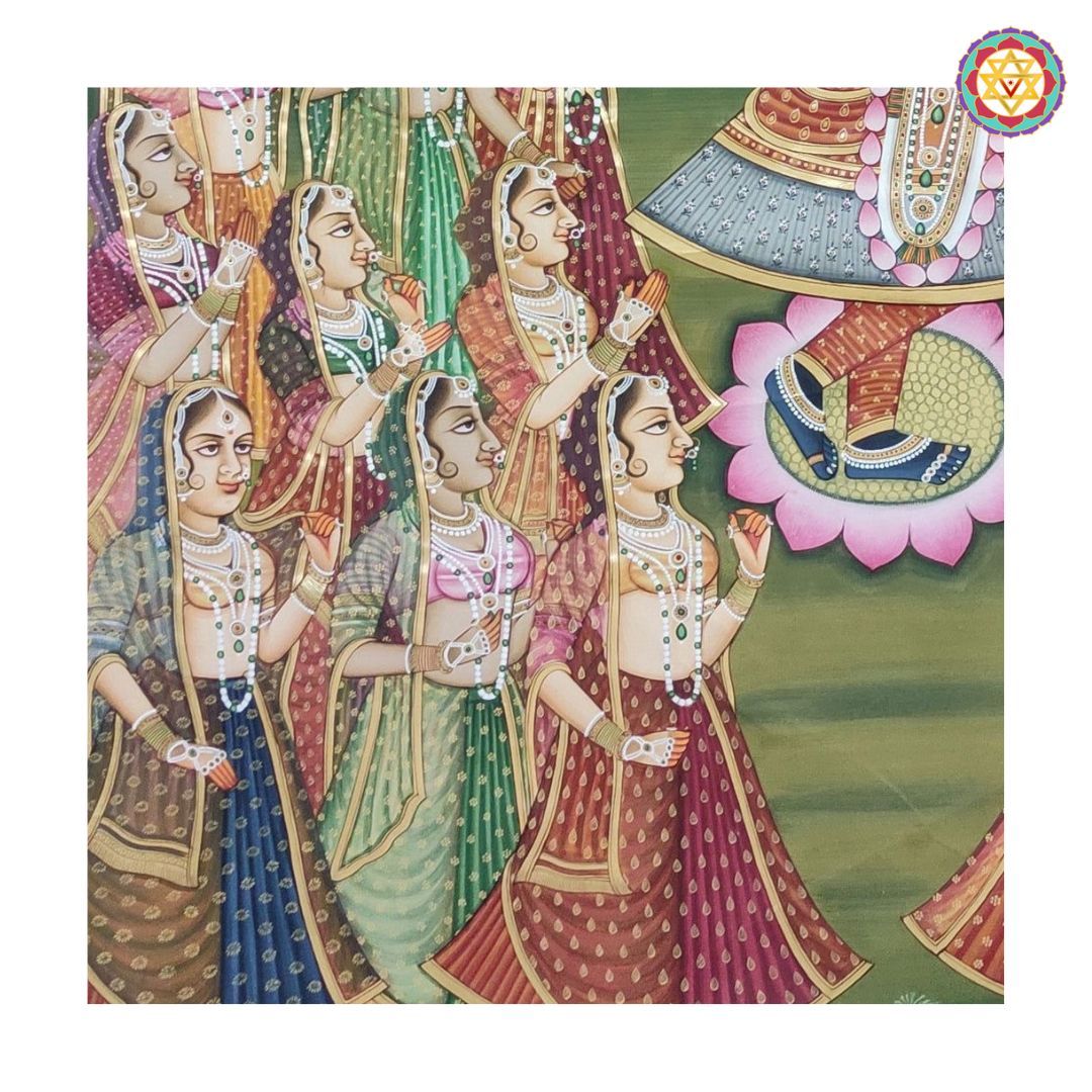 handpainted pichwai raas leela with gopikas in garden setting close-up of gopikas and ornamental garden background