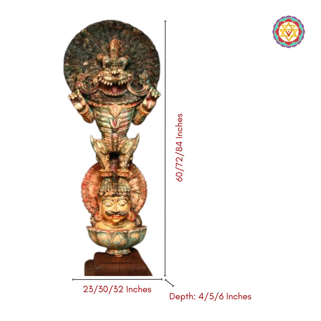 crafted wooden yali statue presented on a pedestal with textured finish