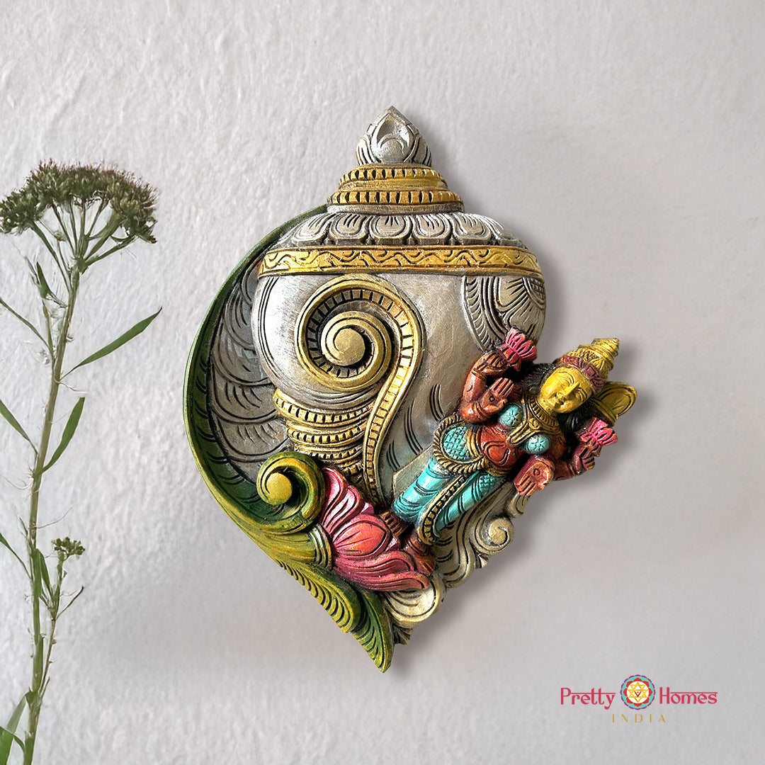 woodcarved conch shankh wall frame with laxmi on lotus hand carved wooden decor