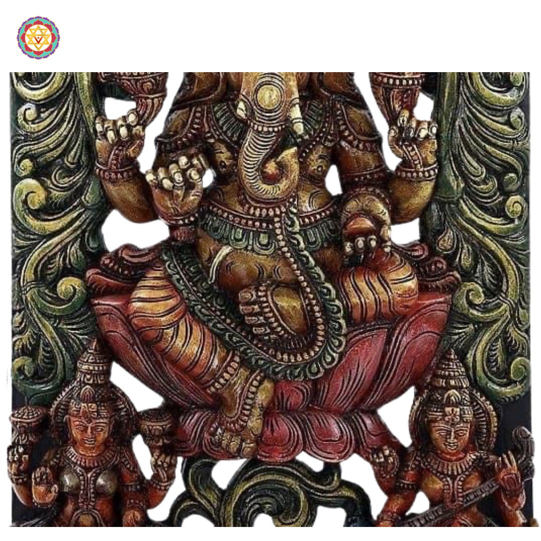 Woodcarved Ganesh statue with Goddess Laxmi & Saraswati.