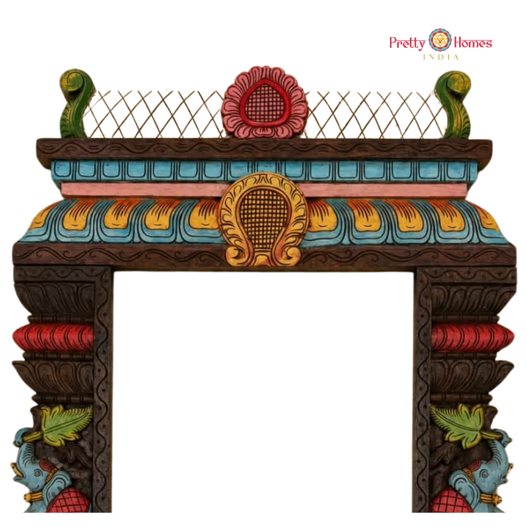 Wood-Carved Chettinad-Style Gopuram with Elephant Side Pillars