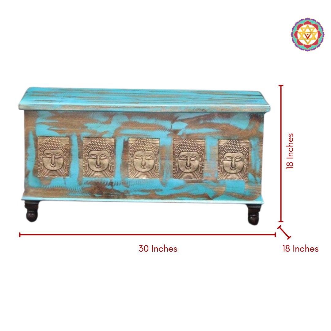 interior storage space inside wooden trunk with brass fittings