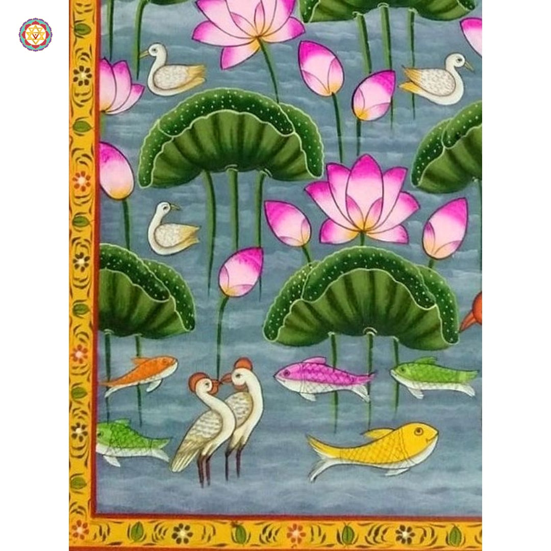 Side view of Kamal Talai Pichwai — fine brush detailing on cloth, devotional and decorative Indian art