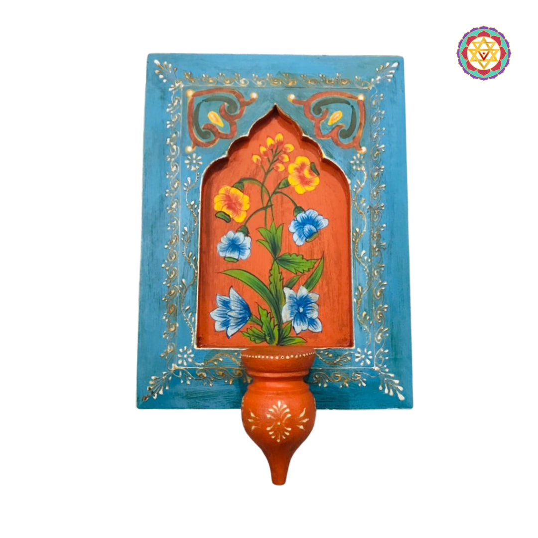 Yellow wall-mounted wooden frame with folk blue design
