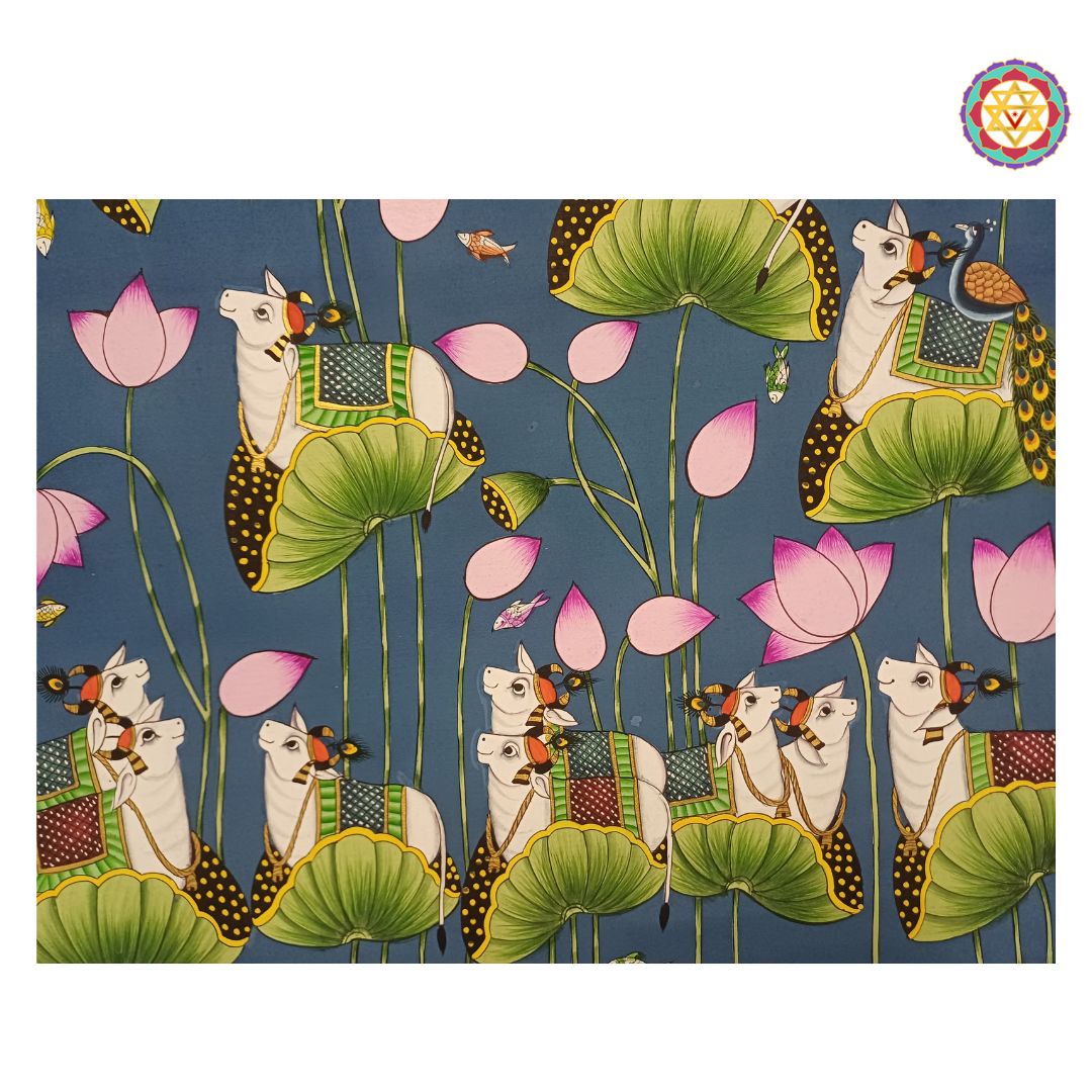 hand-painted shreenathji pichwai painting -Blue Lotus Pond with Cows