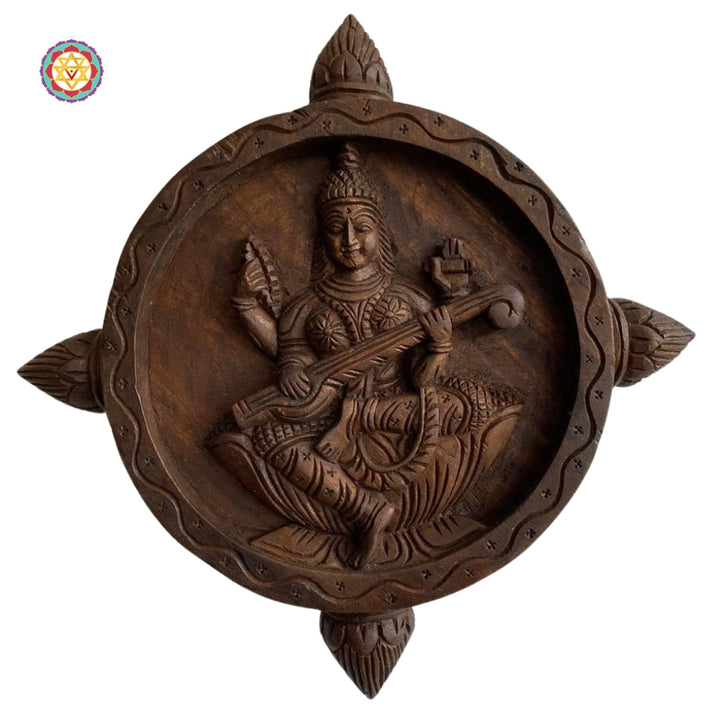 Handcarved multicolour wall hanging of Saraswati Devi in traditional style
