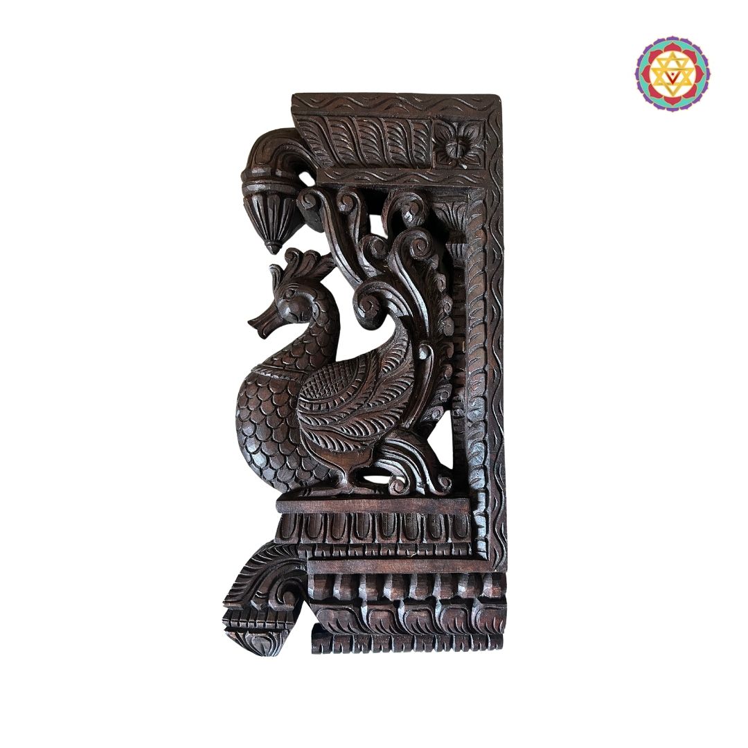 Intricately Handcarved Beautiful Standing Hamsa Bird (Annapakshi) Paired Wooden Wall Brackets (Single)