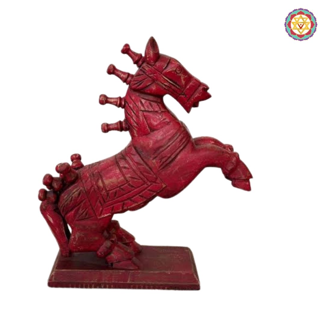 Handcrafted wooden horse statue carved detailing view