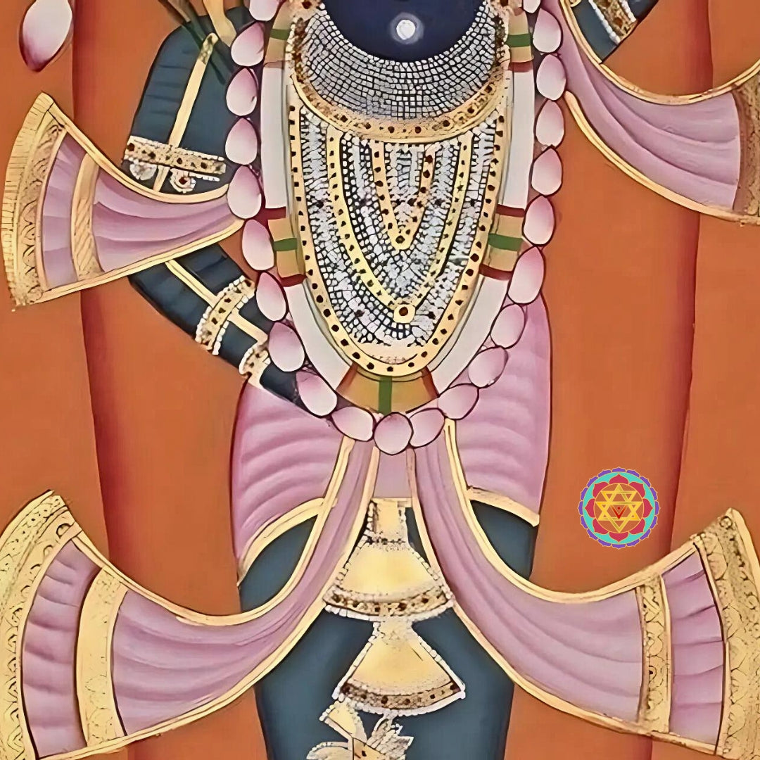 Pichwai inspired artwork featuring traditional scenes of Krishna’s divine play and celebration