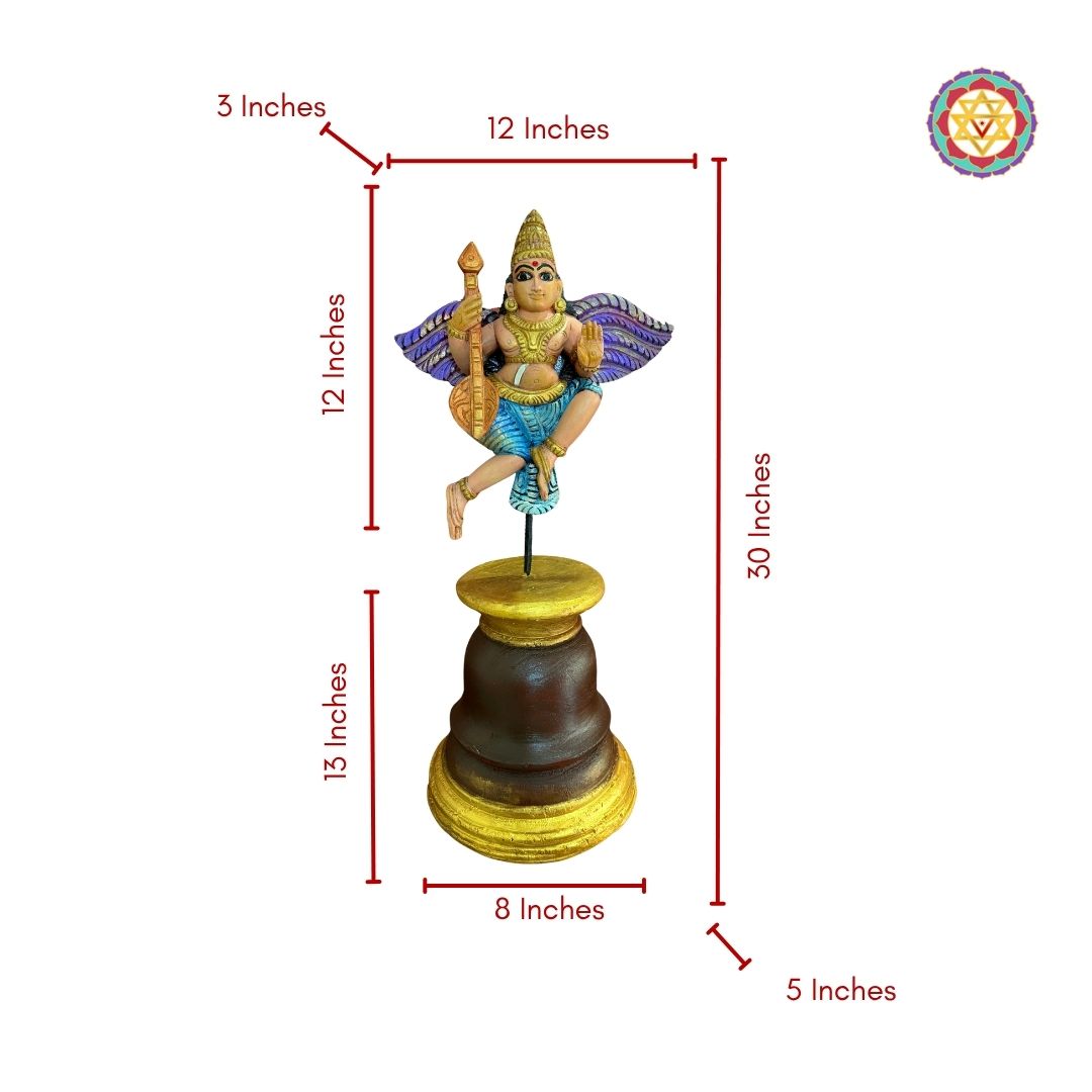 Beautifully handcarved Gandharva (Indian Angel) playing the Veena, crafted on a sturdy wooden stand.