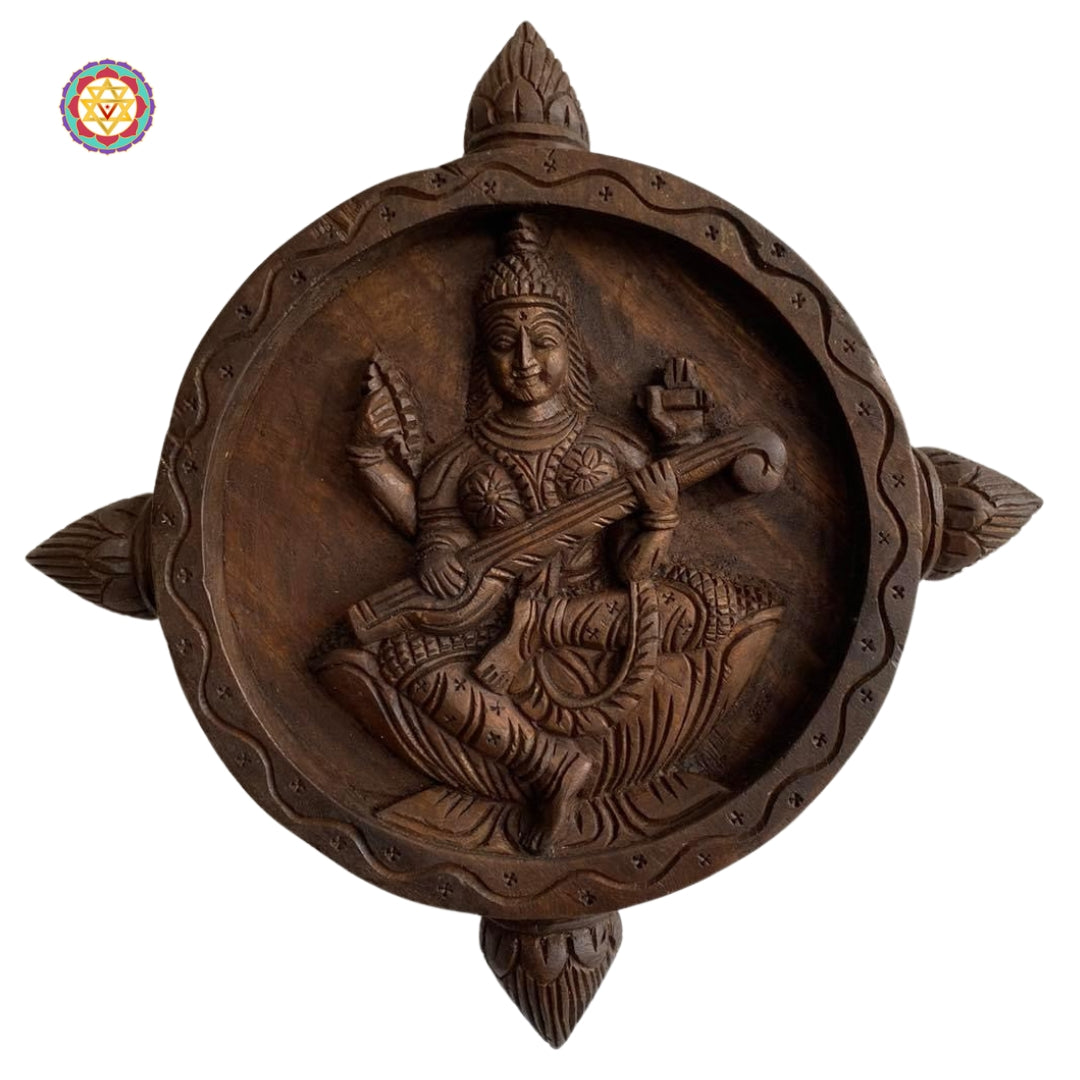Handcarved multicolour wall hanging of Saraswati Devi in traditional style