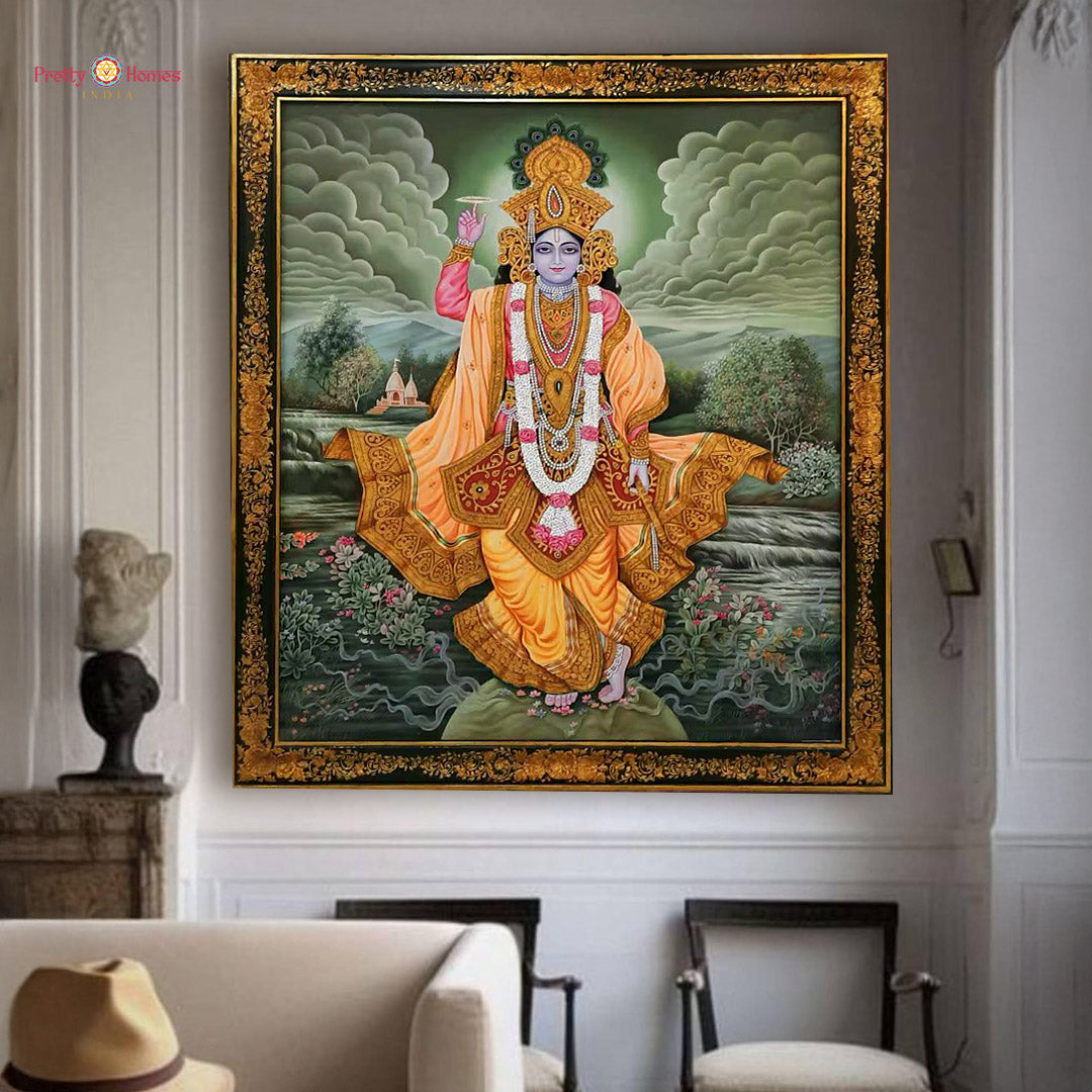 Mahavishnu with Chakra – Handpainted Divine Art with Floral Border