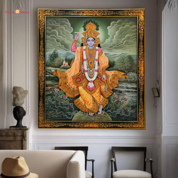 Mahavishnu with Chakra – Handpainted Divine Art with Floral Border