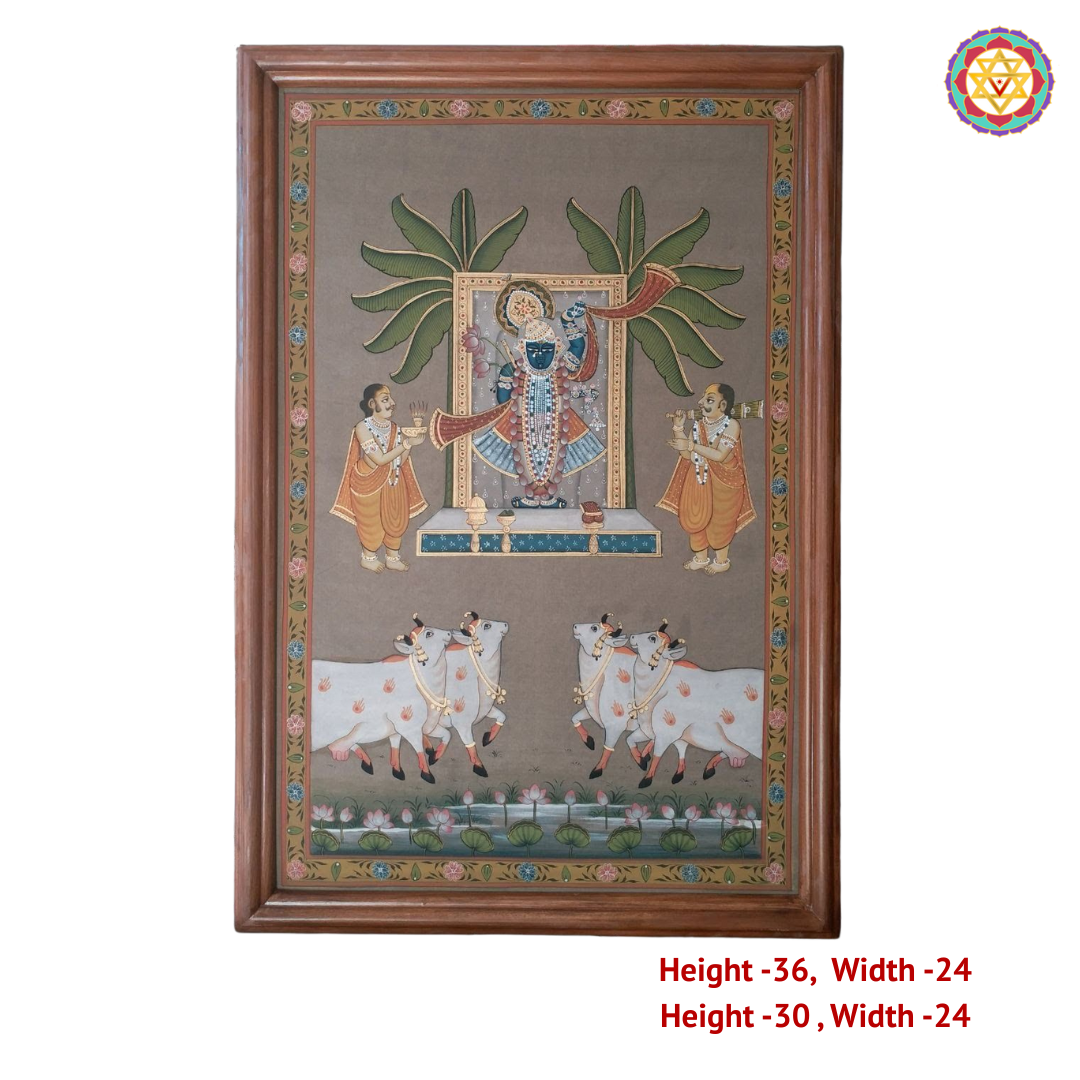 Closeup artistic detailing of vintage finish Shrinathji Darshan Pichwai