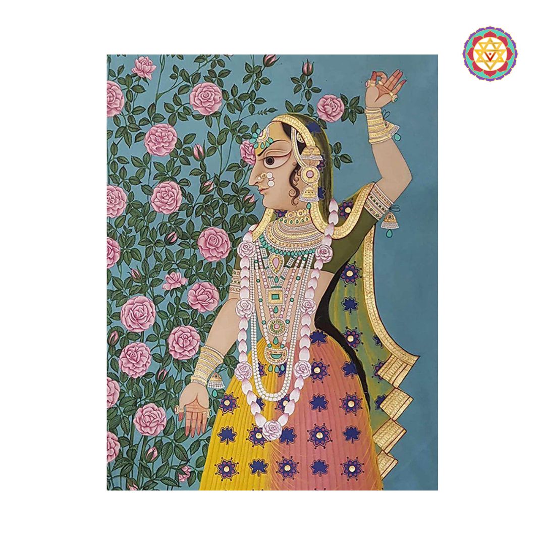 Hand-painted contemporary pichwai artwork of Gopikas and flowers at night.