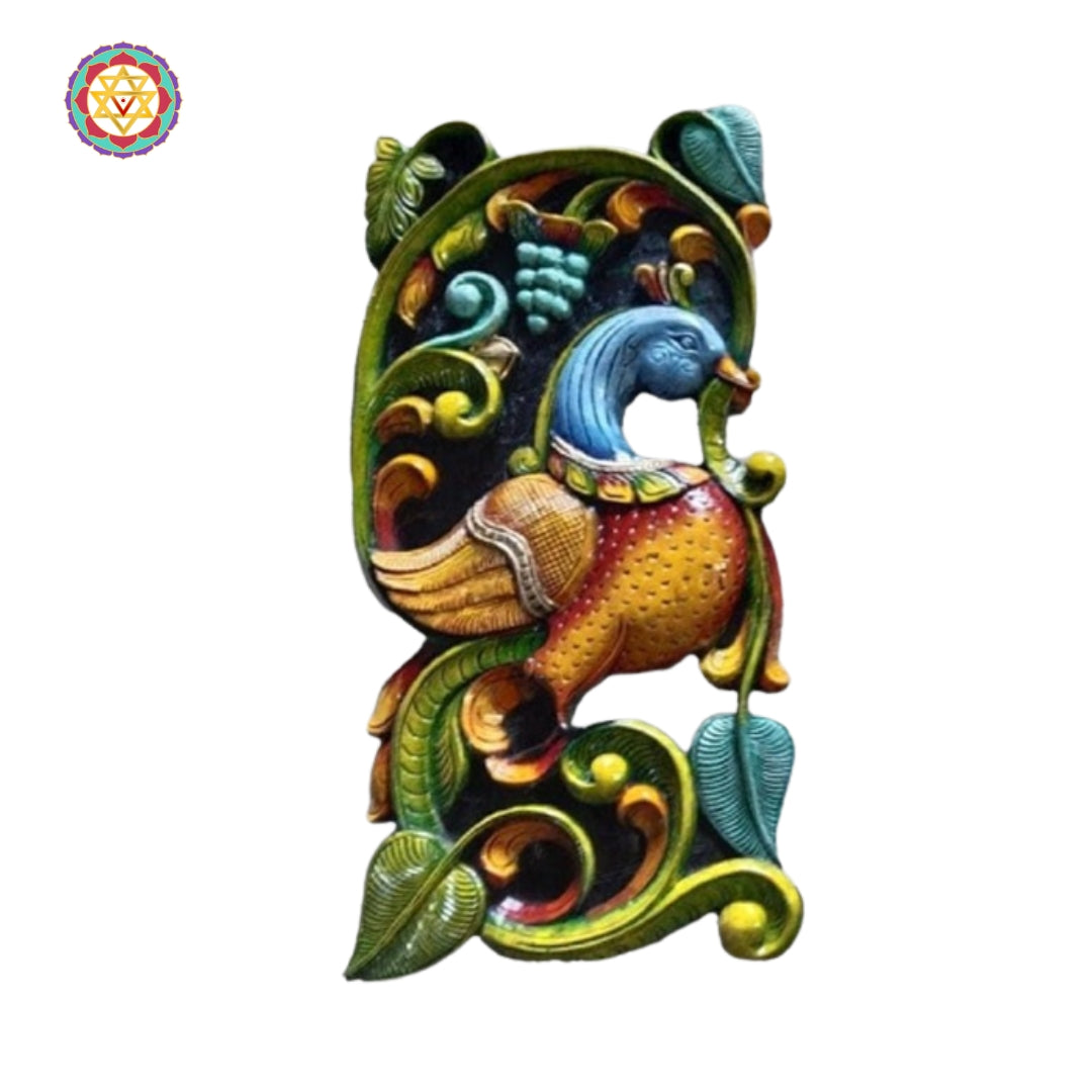 vertical woodcarved annapakshi wall hanging panel with intricate design