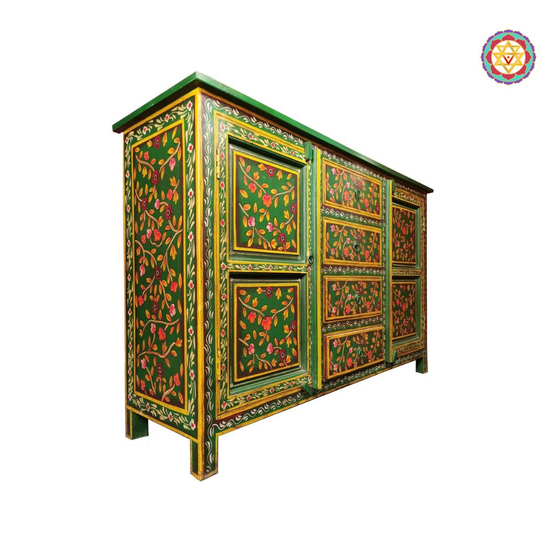 floral and royal motif artwork on handcrafted wooden cabinet