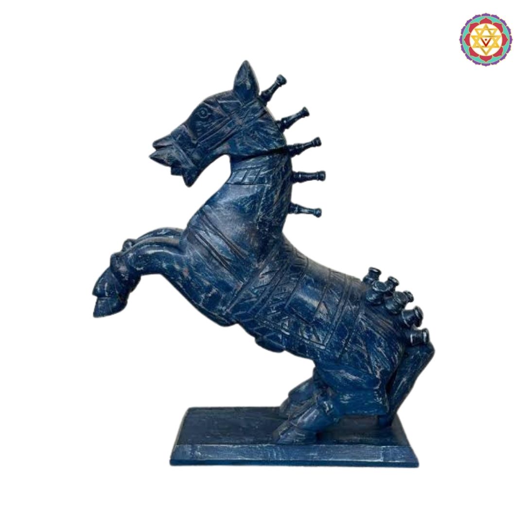Angled lifestyle shot of wooden horse statue showing textured finish