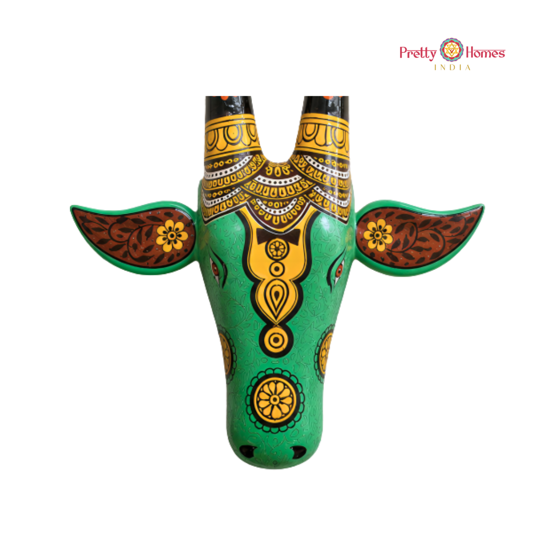 Green Ganesha Design Hand-Painted Cow Head