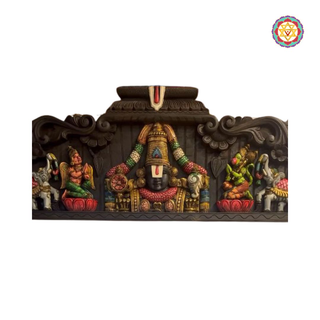 Decorative wall art with colorful figures and intricate design on a white background - Close-up of Shankh, Chakra, and Namam motifs in relief carving