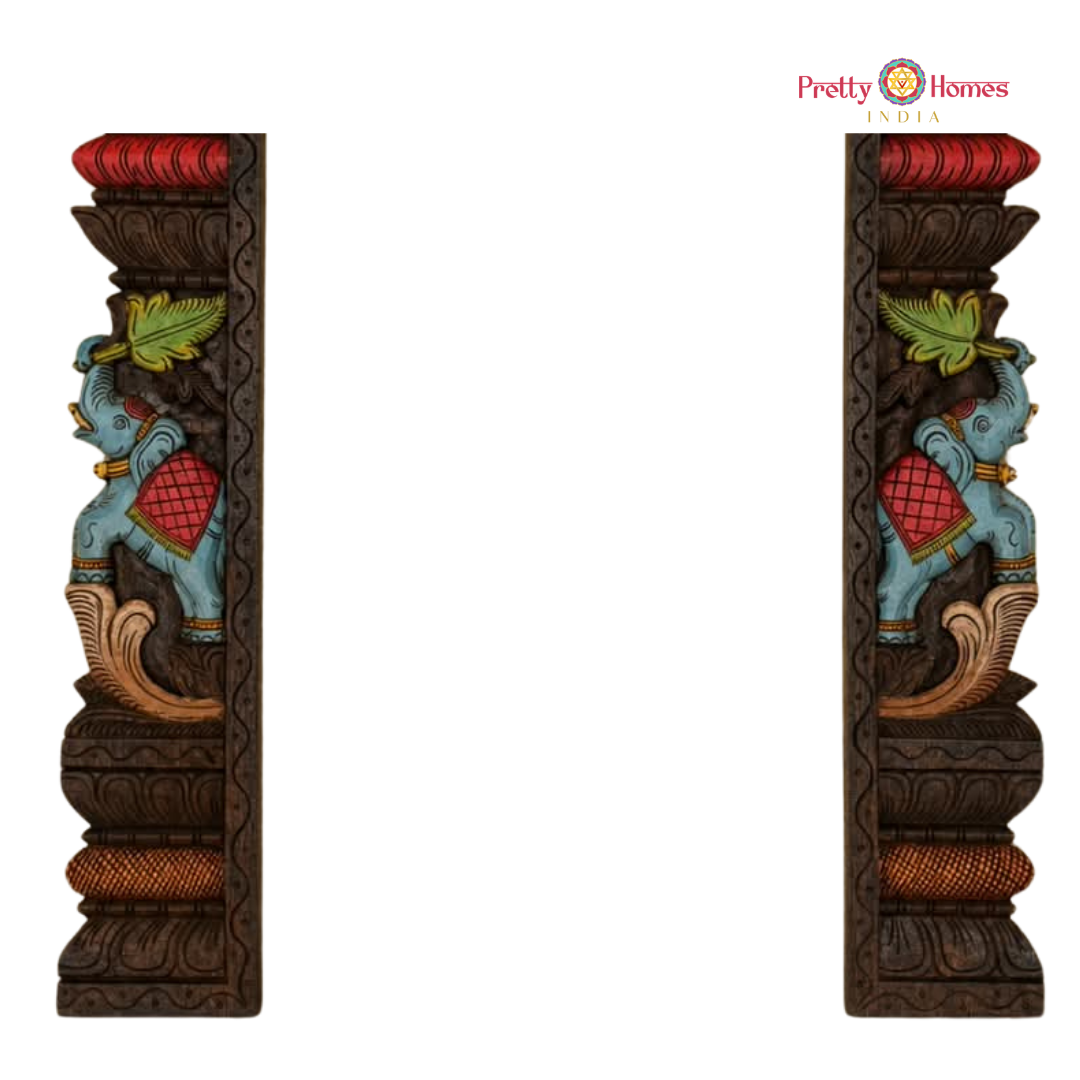 Wood-Carved Chettinad-Style Gopuram with Elephant Side Pillars