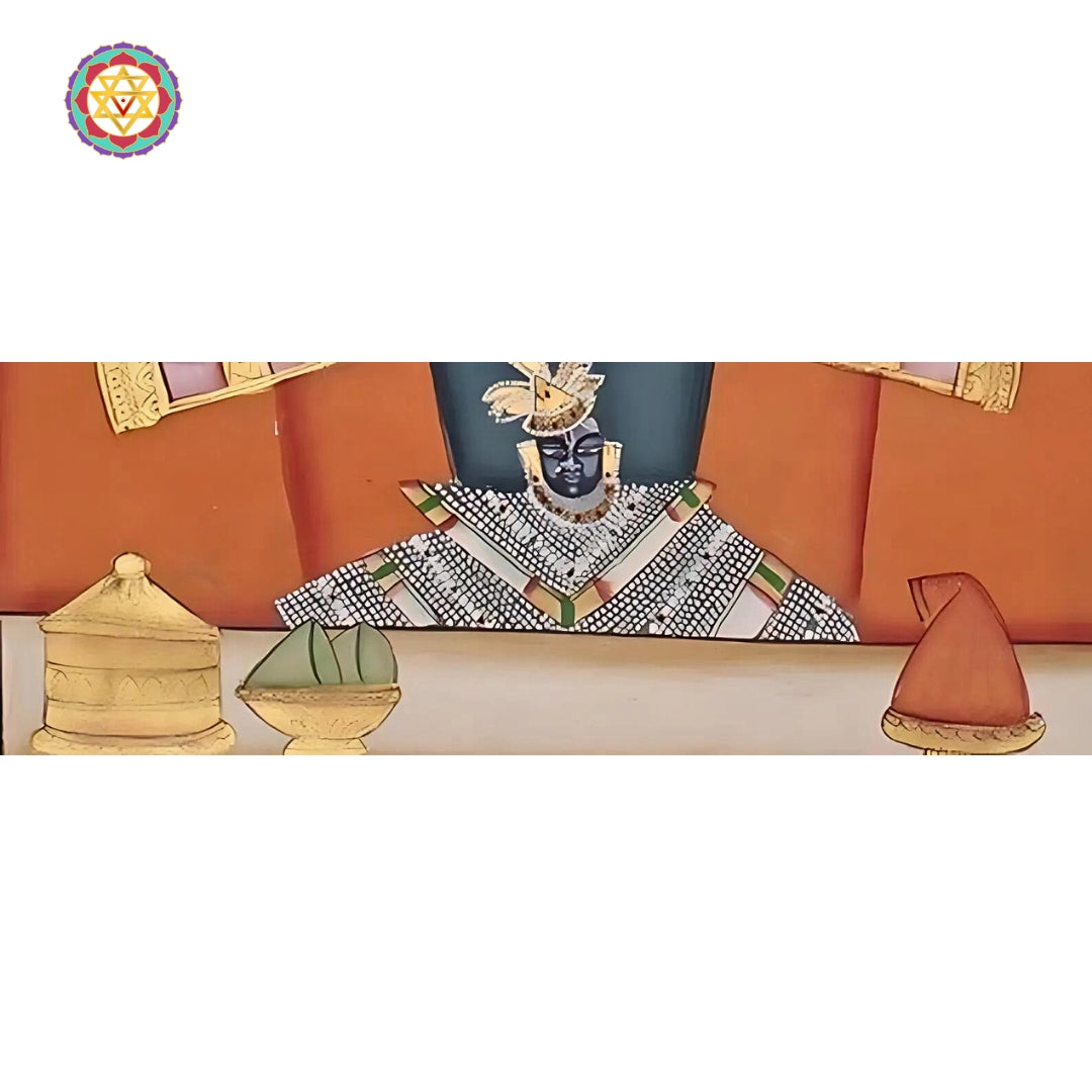 Pichwai painting illustrating Lord Krishna with floral motifs and symbolic peacocks in traditional devotional style