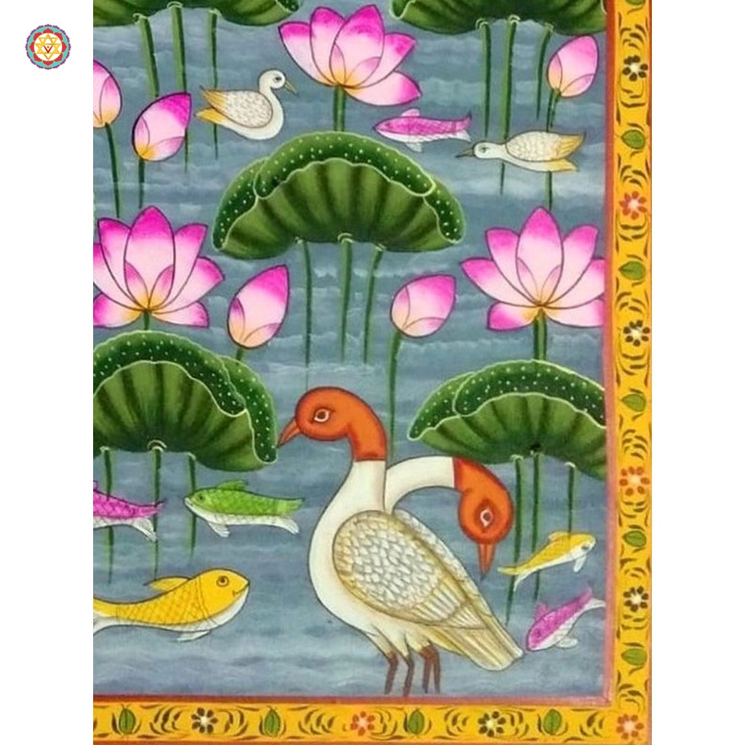 Angled view of Pichwai with birds — handmade painting representing peace and prosperity through lotus symbolism