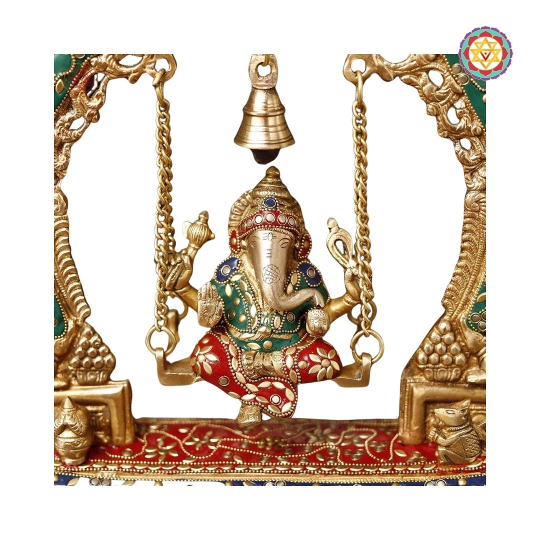 Brass Ganesh Jhula on Swing with Bell, Stone Work, 15”