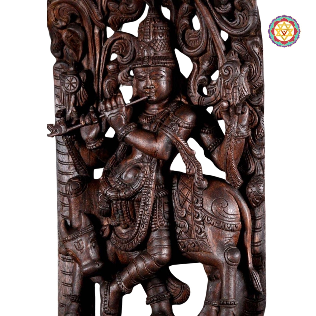 Wooden Hand Carved Lord Krishna Standing Under Canopy with Cow Statue