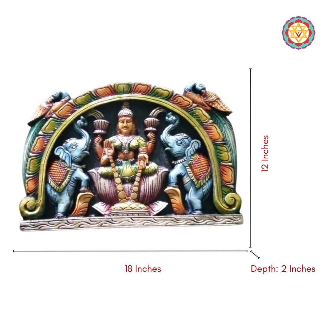 Dimensions of GajaLakshmi wood wall hanging – 18x12 inches