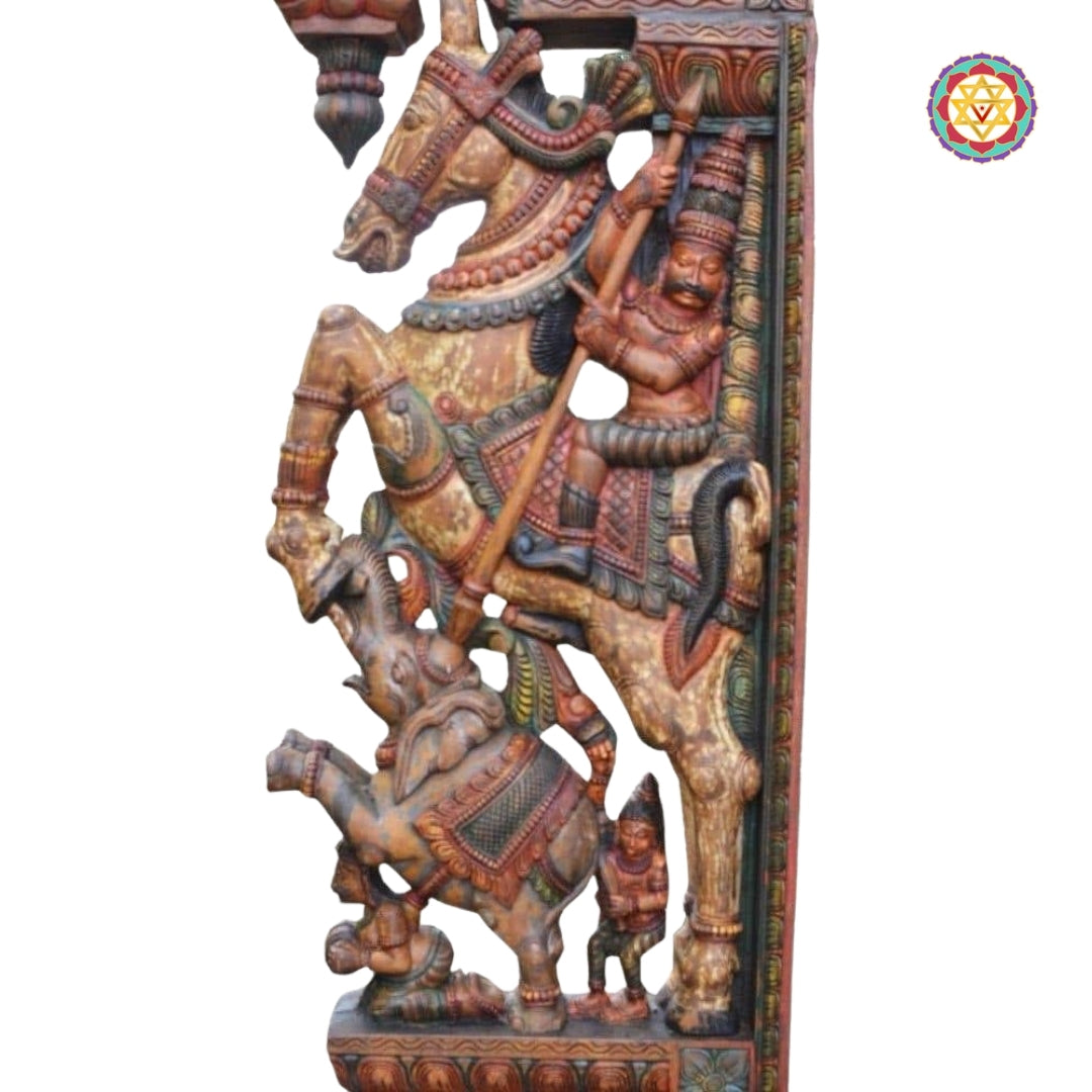 Woodcarved Large Size Architectural design Wall brackets with Horse Rider ,Yalis & Elephants (Pair))