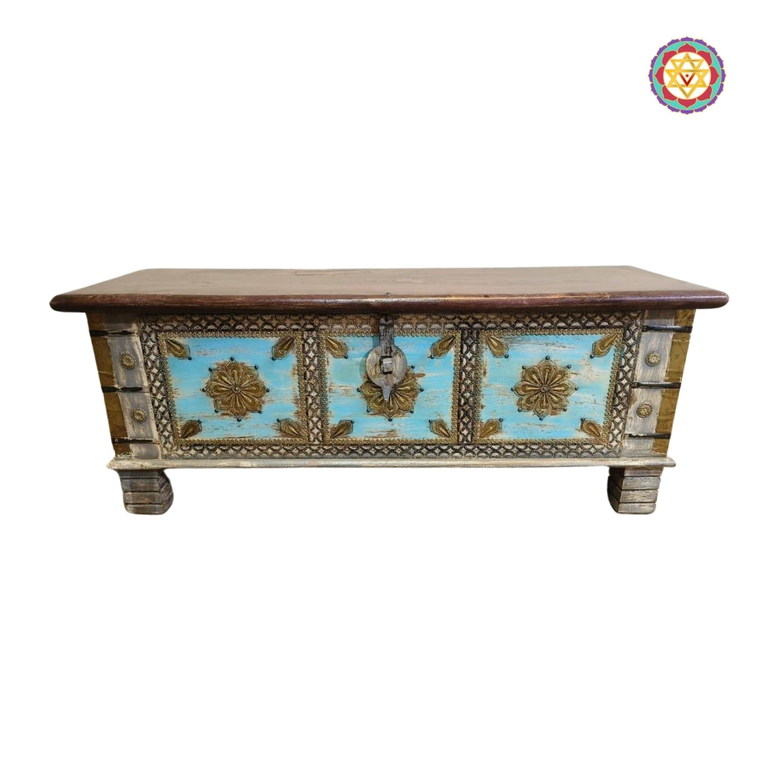 wooden chest trunk with brass corner accents and latch