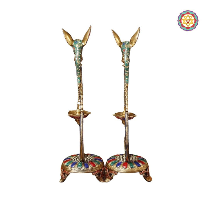 Brass Parrot Lamp – 24 Inch Brass Diya Pair with Intricate Stone Detailing | Decorative Temple & Home Decor