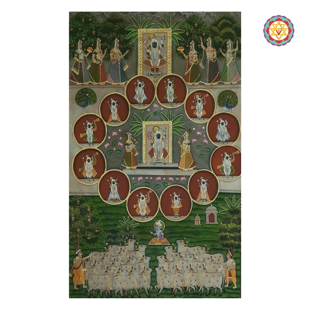 Antique style hand-painted shrinathji pichwai painting, darshan scene with cows and devotees.