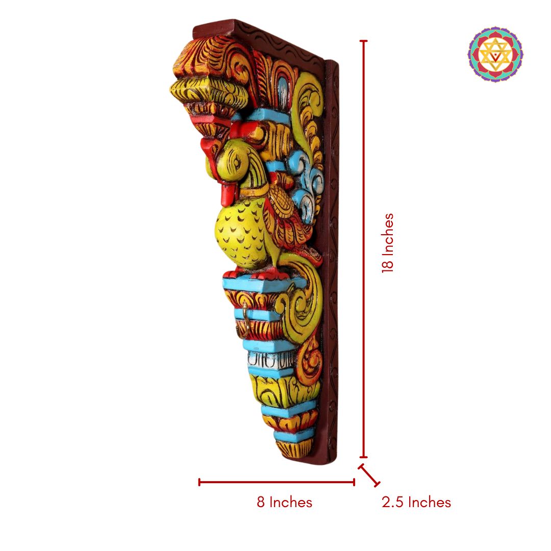 Handcrafted multicolour parrot wall corbel in Vagai wood with dimension